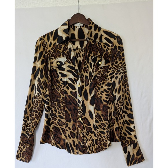 Vintage 90s Cache XS Leopard Print Button Down Mob Wife Silk Blend Brown Top - Picture 1 of 8